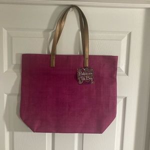Bohemian Beach Tote, Dark Pink with Brown Straps and Multicolor Interior